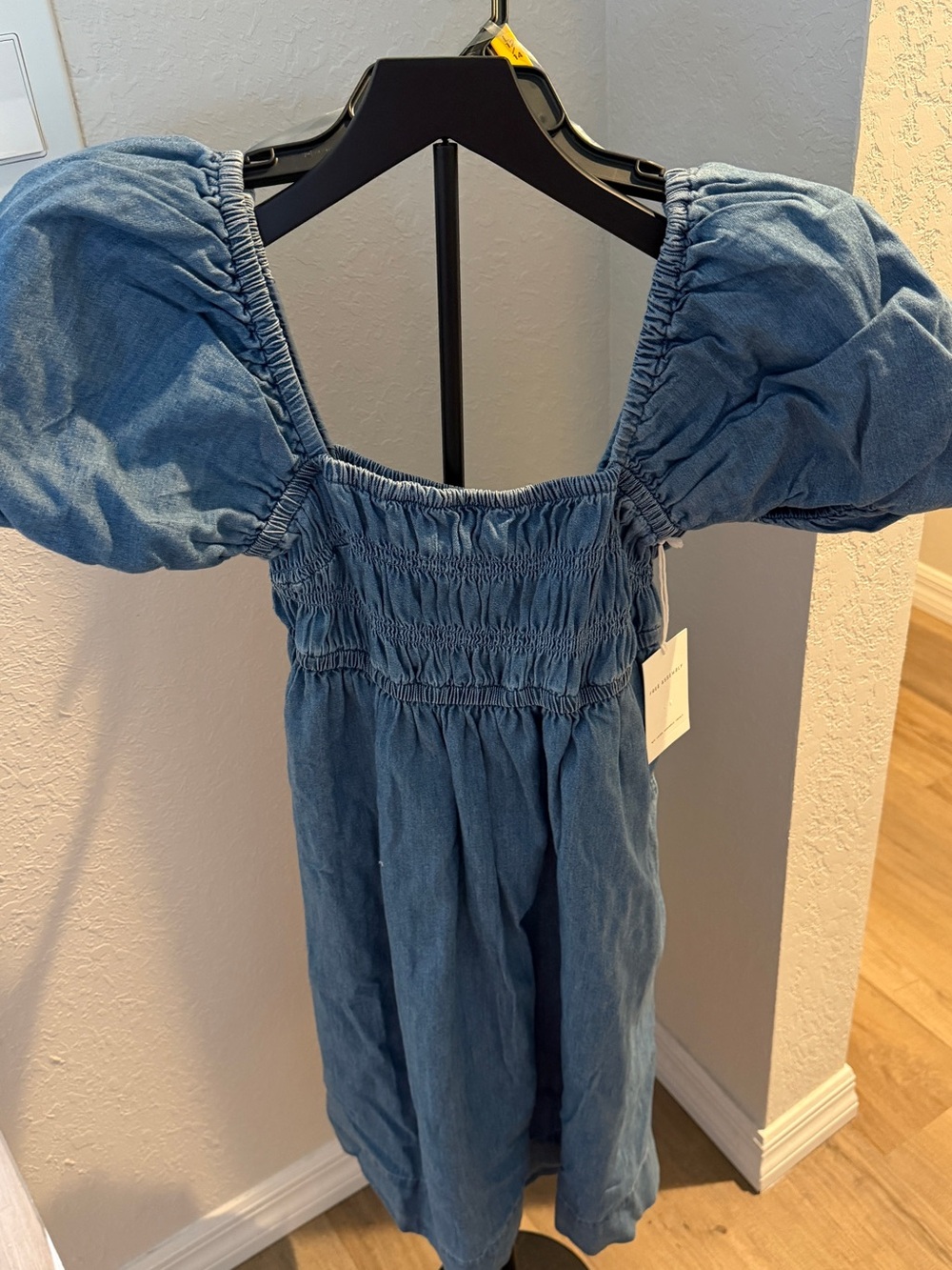 Blue Puff-Sleeve Chambray Dress